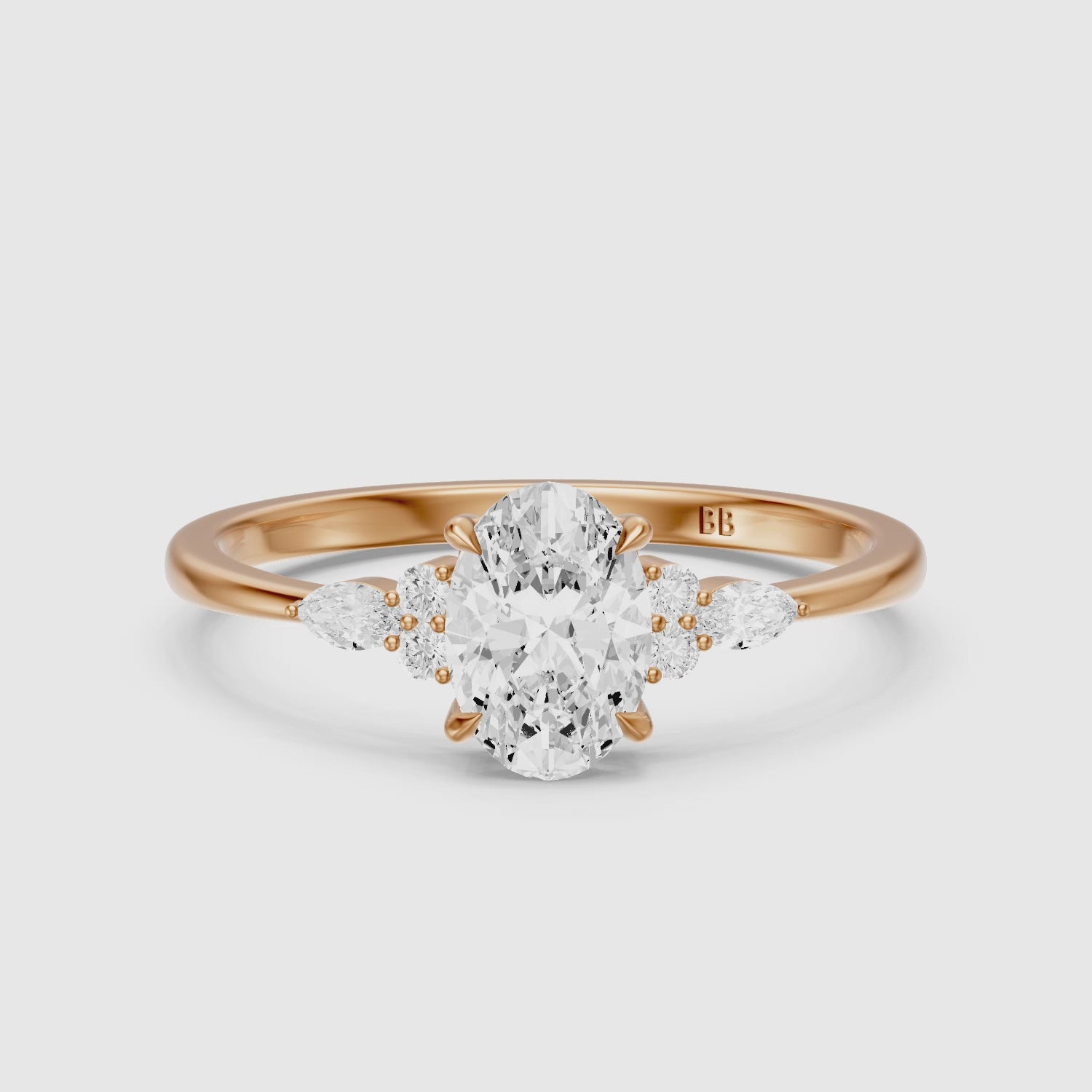 Load video: Melanie Oval Cut Lab Grown Diamond Ring with Marquise and Round Side Stones
