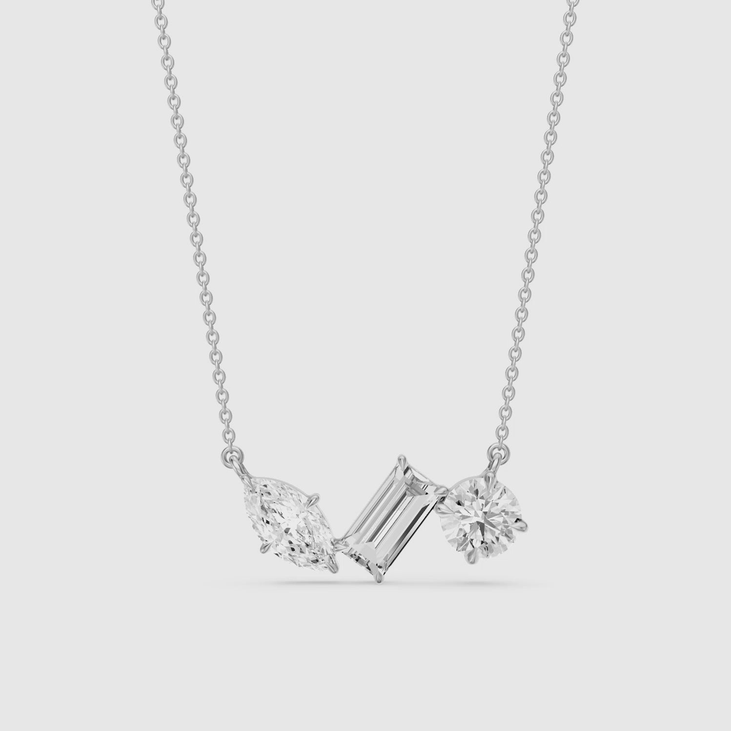 Load video: Gracie Marquise, Baguette and Round Lab Grown Diamond Trio Necklace