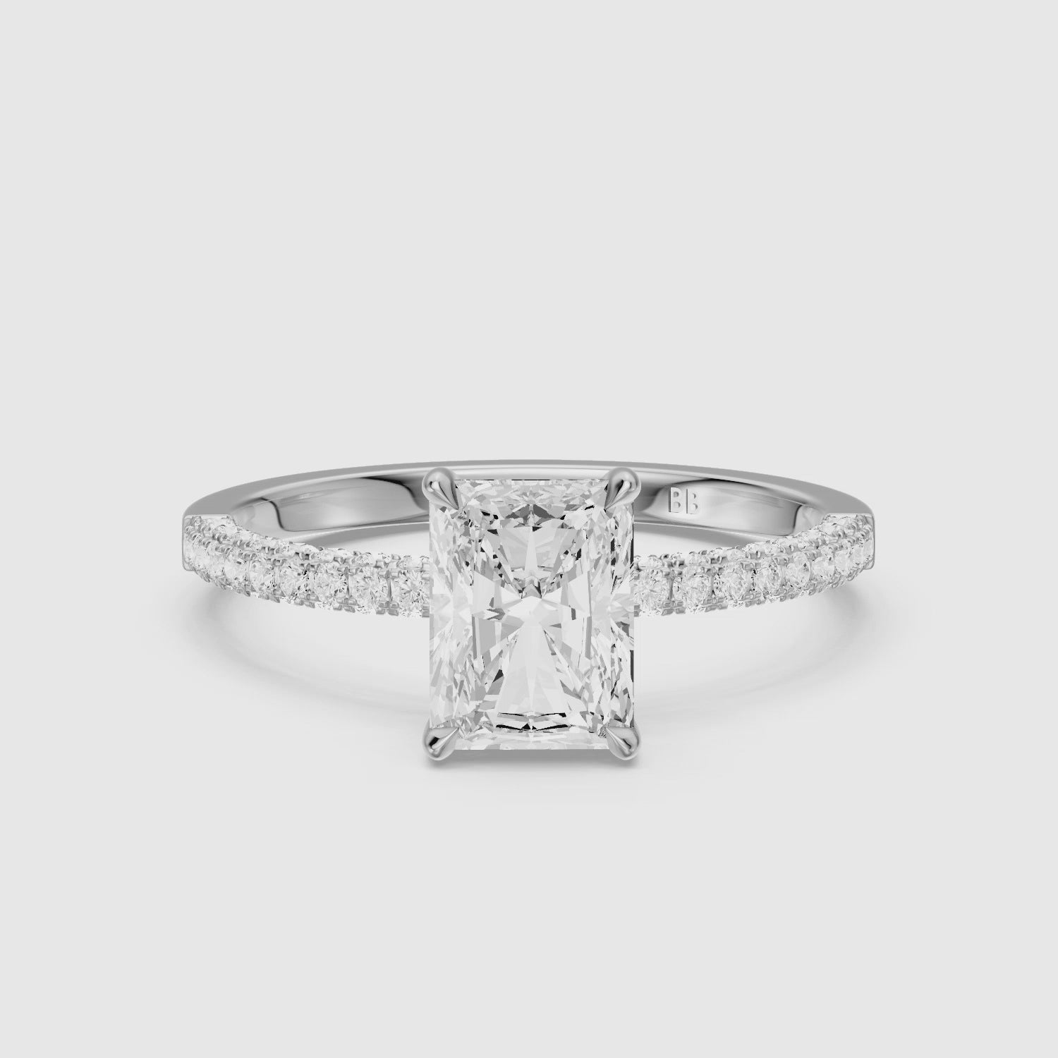 Load video: Ensley Radiant Cut Hidden Halo Three Sided Pave Lab Grown Diamond Ring