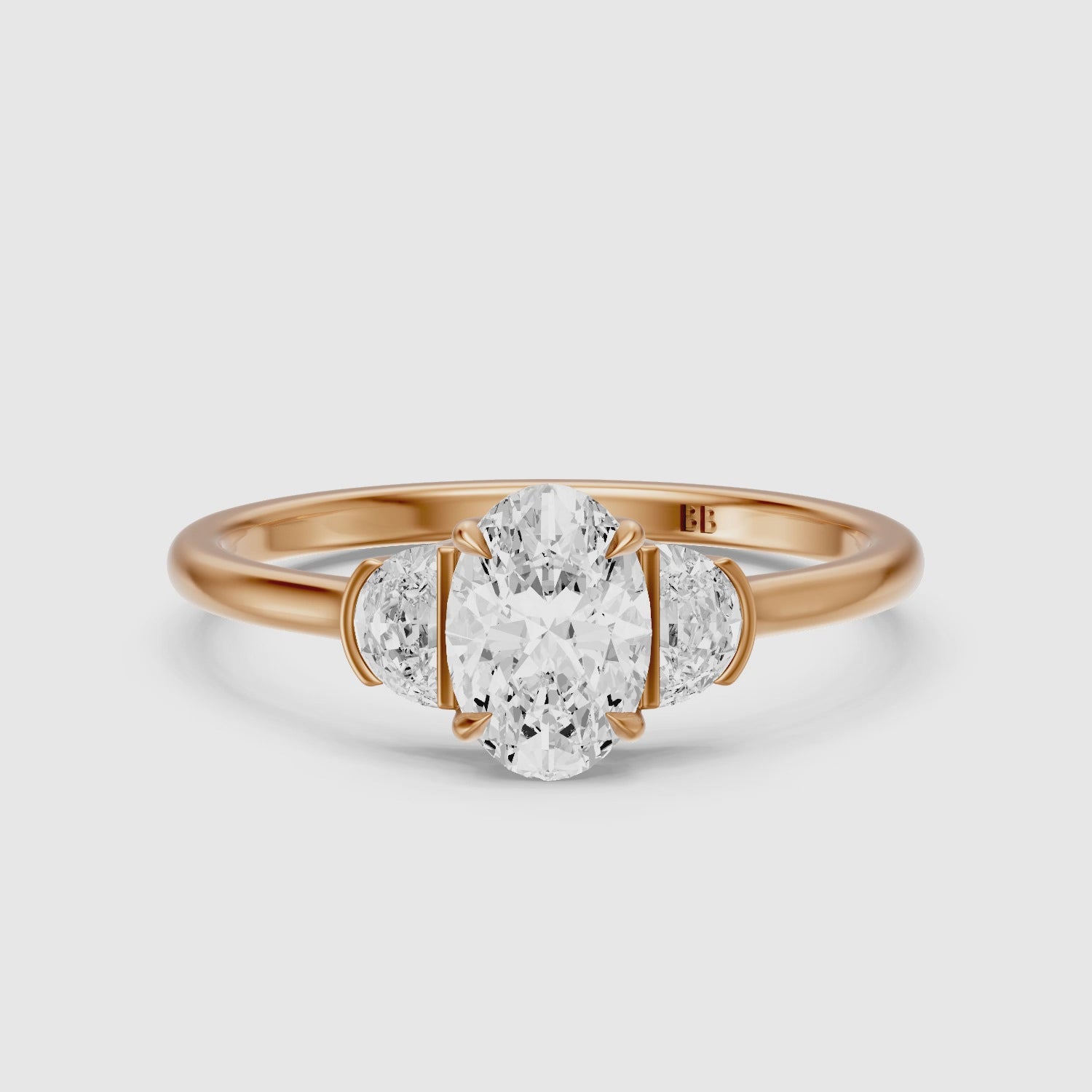 Load video: Lucia Three Stone Oval Lab Diamond Ring with Half Moon Side Stones