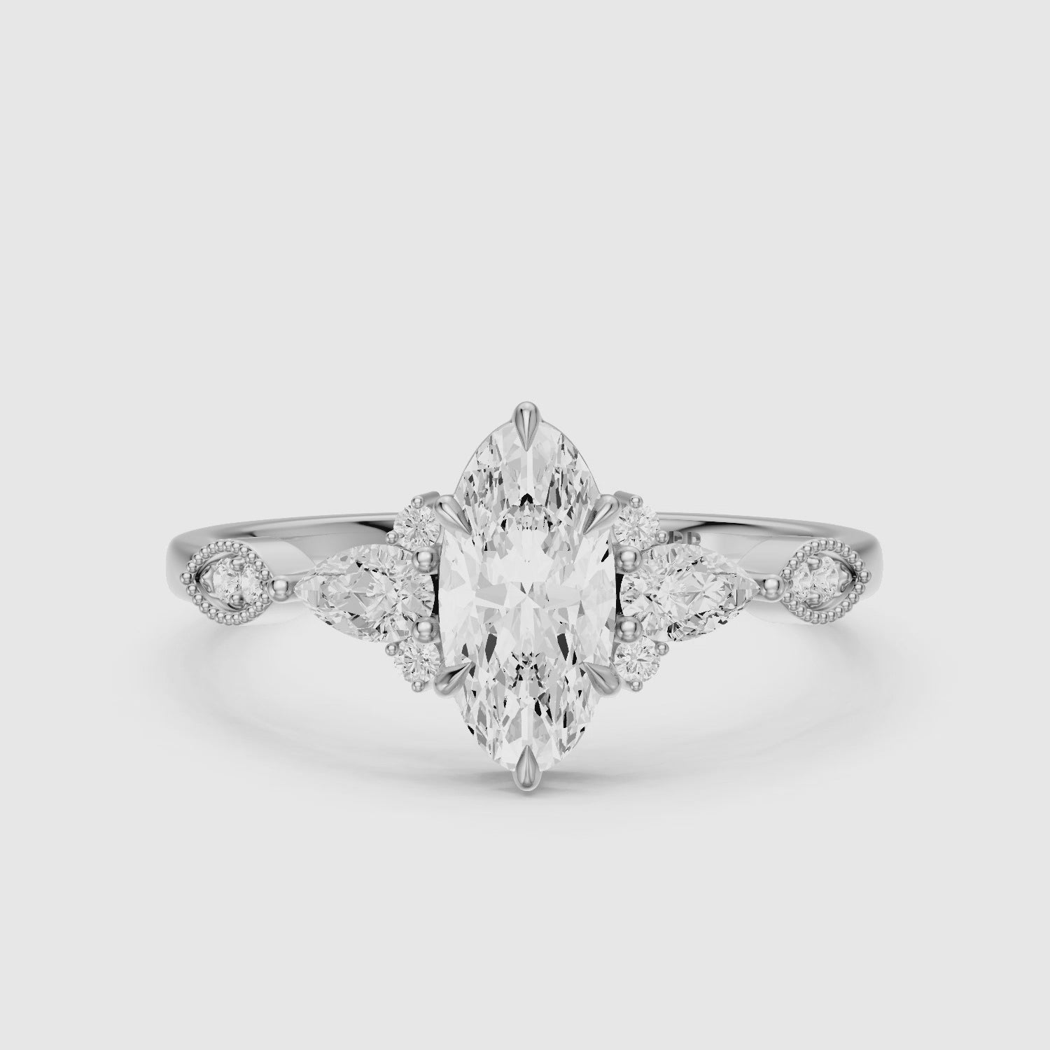 Load video: Abril Moval Moissanite Diamond Vintage Style Ring with Pear and Round Accents