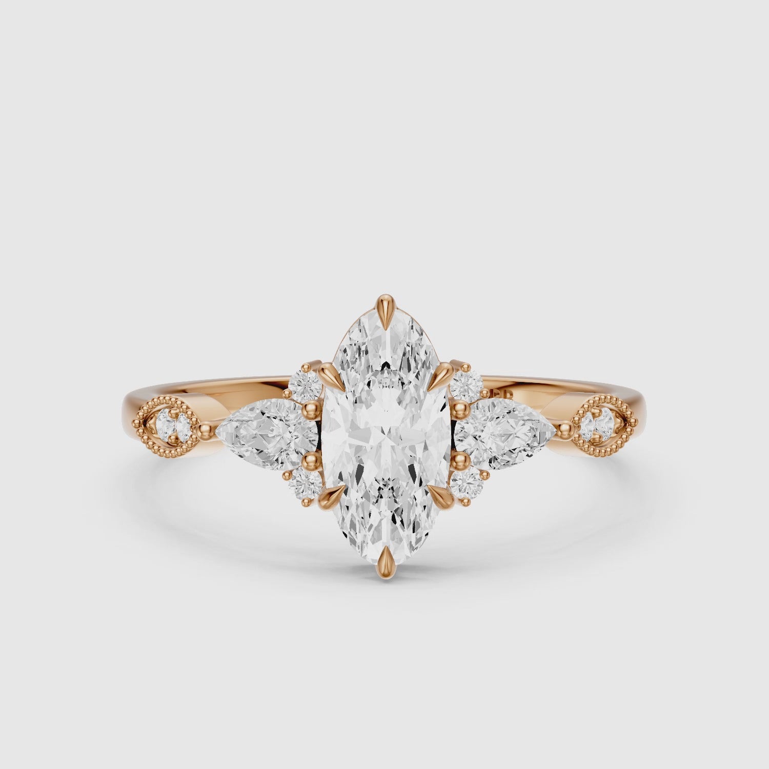 Load video: Abril Moval Moissanite Diamond Vintage Style Ring with Pear and Round Accents