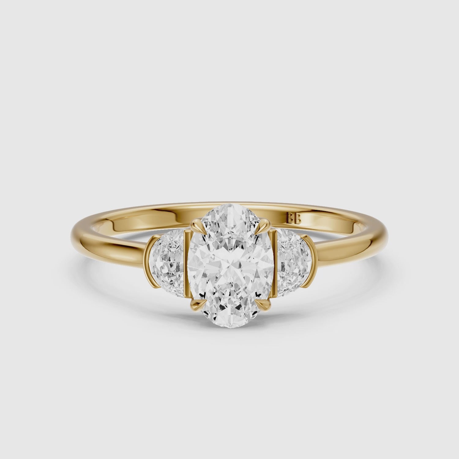 Load video: Lucia Three Stone Oval Lab Diamond Ring with Half Moon Side Stones