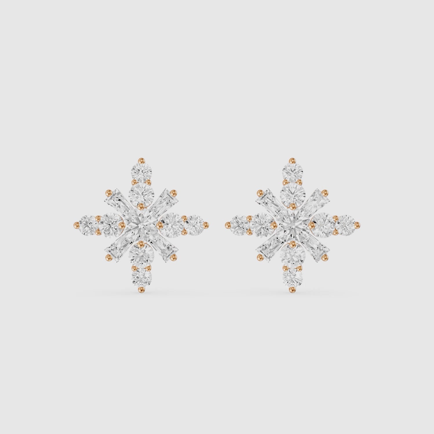 Load video: Veerle Round Cut and Tapered Baguette Lab Grown Diamond Snowflake Stud Earrings